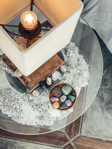 Different Healing Crystals Glass Bedside Table Top View — Stock Photo, Image