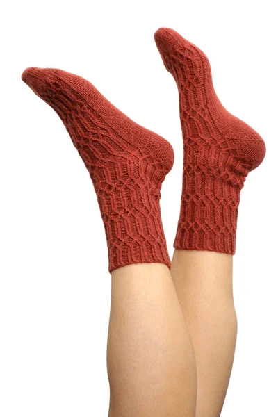 Female Legs Terracotta Hand Knitted Wool Socks Isolated White Background — Stock Photo, Image