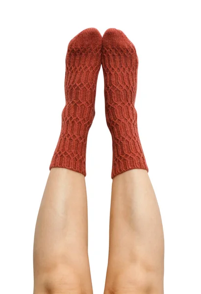 Samičí Stehna Terakotě Ručně Pletené Vlněné Ponožky Izolované Bílém Pozadí — Stock fotografie