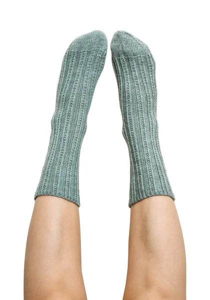 Female Legs Blue Hand Knitted Wool Socks Isolated White Background — Stock Photo, Image
