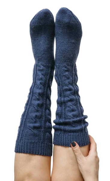 Female Legs Dark Blue Hand Knitted Wool Knee Socks Isolated — Stock Photo, Image