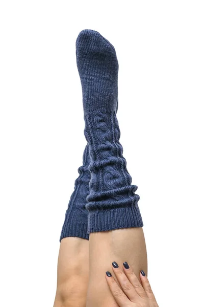 Vrouwelijke Benen Donkerblauwe Hand Gebreide Wol Knie Sokken Geïsoleerd Witte — Stockfoto
