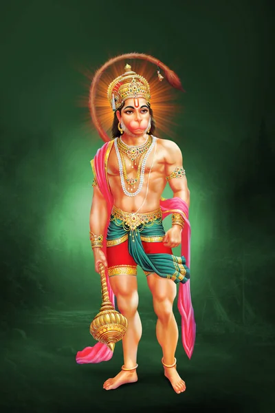Hanuman Throne Lord Indian God Sunrise Green Background — Fotografia de Stock