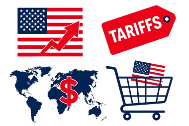 ABD 'nin uluslararası mallar üzerindeki tarifeleri bayraklar, alışveriş arabaları ve ekonomik etkileri, ticaret anlaşmazlıklarını ve devam eden müzakereleri yansıtan küresel bir harita gibi sembollerle temsil ediliyor..