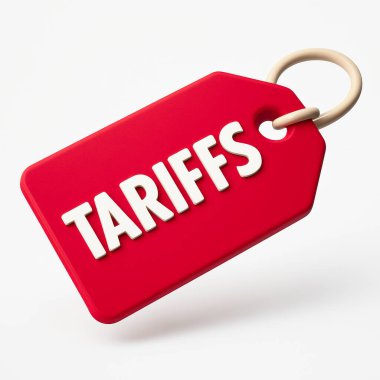 Gümrük tarifelerinin belirgin bir şekilde gösterildiği kırmızı etiket, ABD 'nin uluslararası mallar ve bunların küresel ticari ilişkiler ve ekonomiler üzerindeki etkileri hakkındaki tartışmaları vurguluyor..