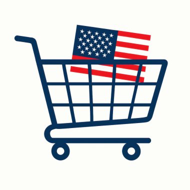 İçinde ABD bayrağı bulunan bir alışveriş arabasının tasviri, ABD gümrük vergilerinin ithalat ve ihracat üzerindeki etkisini simgeliyor. Görsel vurgular, küresel ticaret politikası üzerindeki daha geniş etkisini vurguluyor.