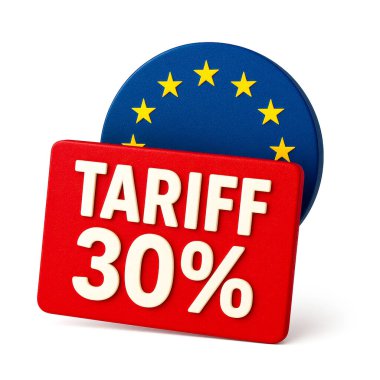 Avrupa 'dan ABD' ye yapılan ithalatta yüzde 30 'luk gümrük vergisinin altını çizen görsel bir temsil. Bu durum, uluslararası ticaret ve ekonomileri etkileyen devam eden ticaret müzakerelerini yansıtıyor.
