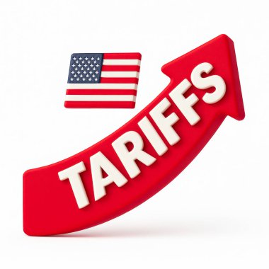 Yukarı doğru çıkan bir ok ABD bayrağının yanında, artan ithalat vergilerini ve bunların küresel ticaret ve ekonomi üzerindeki etkilerini sembolize ediyor..