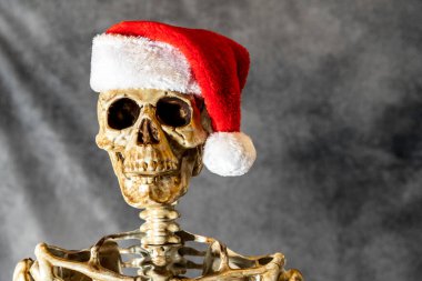 İskelet gri arka planda, kırmızı Noel Baba şapkası takıyor.