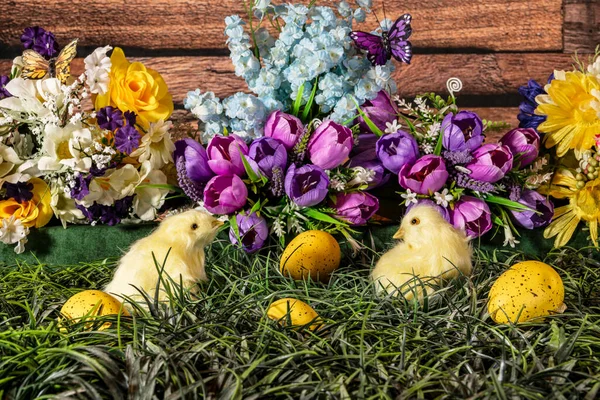 Pollitos Amarillos Hierba Verde Con Huevos Pascua Amarillos Flores Primavera —  Fotos de Stock