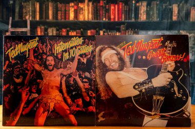 Chambersburg, Pennsylvania, ABD 6-23-2023 Vintage Ted Nugent plakları retro görünümlü kütüphanede izole edildi