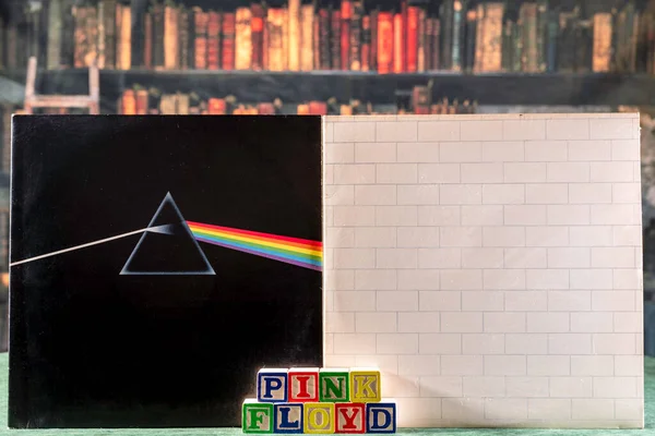 stock image Chambersburg, Pennsylvania USA 6-26-2023 vintage Pink Floyd vinyl records in retro looking library