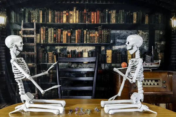 skeleton children on wood table playing jacks with radio and old library background