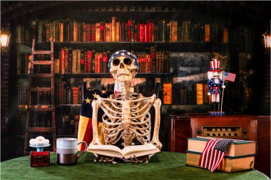 Skeleton with American flag reading book with old library background clipart