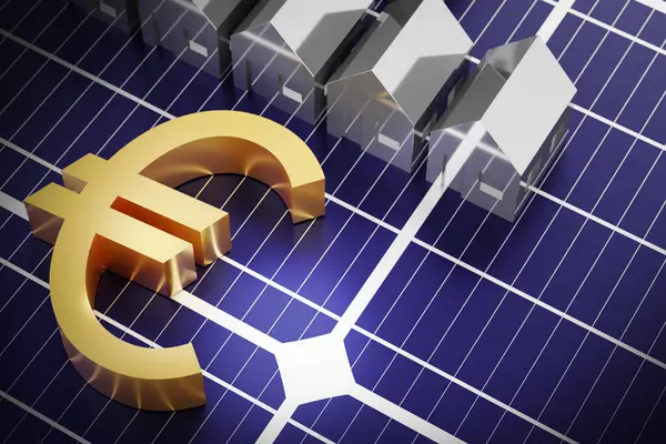 Güneş paneli yüzeyine avro para birimi sembolü konmuş. sürdürülebilir enerji kavramı, tasarruf, servet ve küresel ısınma 3D üretimi