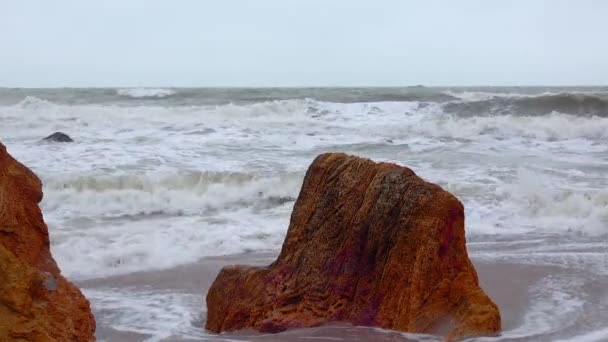 Seascape Stark Storm Havet Vågor Med Skum Rulla Stranden Svarta — Stockvideo