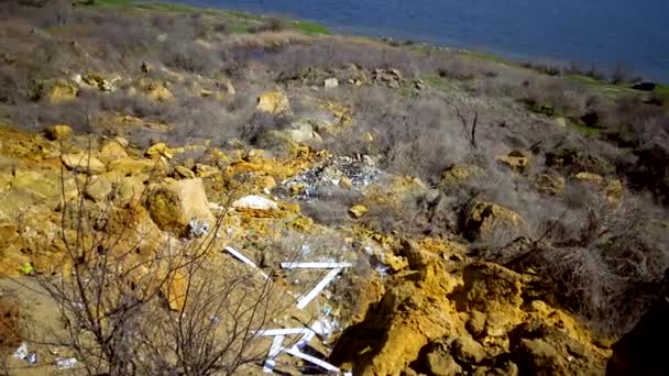 Environmental Crime Illegal Spontaneous Garbage Dump Coastal Slopes Khadzhibey Estuary — Wideo stockowe