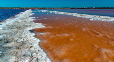 Hypersaline Kuyalnitsky Estuary, ecological disaster. Salt crystallized and settled at the bottom of the reservoir