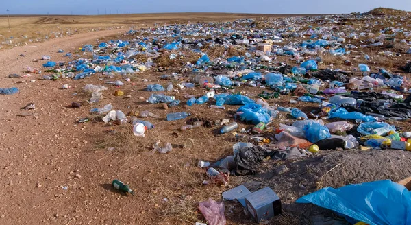 Inquinamento Della Natura Steppa Con Rifiuti Domestici Plastica 2005 Crimea — Foto Stock