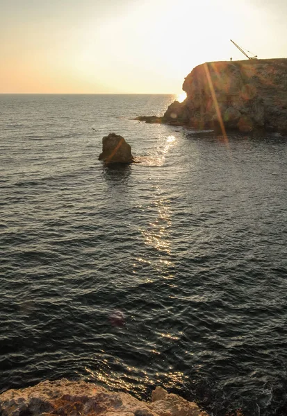 Crimea Atlesh Silhouette Crane Fishermen Cape Rays Setting Sun — стоковое фото