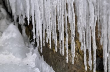 Karadeniz 'deki donmuş kıyı kayaları üzerindeki buz sarkıtları