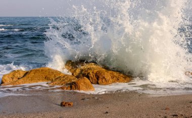 Waves break on a stone and white splashes of water fly into the air, the Black Sea