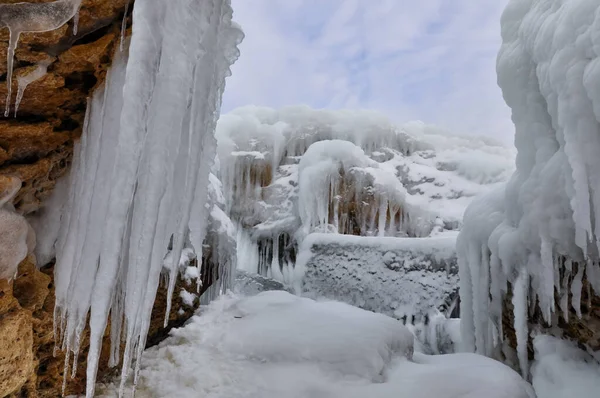 Ice Icicles Frozen Coastal Rocks Black Sea — Stock fotografie