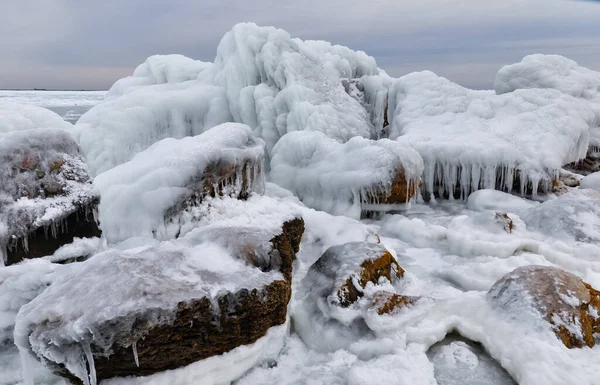 Ice Icicles Frozen Coastal Rocks Black Sea — Zdjęcie stockowe