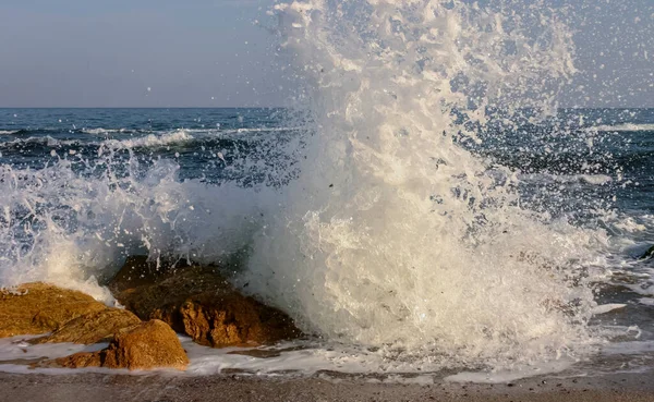 Waves break on a stone and white splashes of water fly into the air, the Black Sea