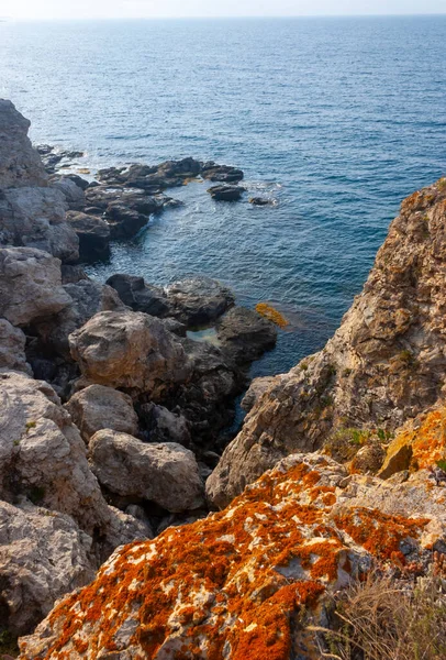Orange Gray Lichens Coastal Limestone Stones Rocks Crimea Tarkhankut — Φωτογραφία Αρχείου