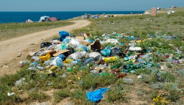 UKRAINE, CRIMEA - AĞUSTOS 02, 2009: Bozkır doğasının plastik ev atıklarıyla kirlenmesi