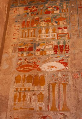 EGYPT, LUXOR - Mart 01, 2019: arkeolojik alan, antik bir tapınağın duvarlarında çizimler ve geoglifler, Mısır 'daki Luxor yakınlarındaki Hatshepsut tapınağı