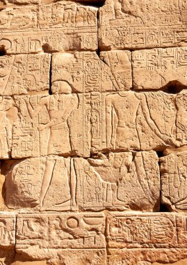EGYPT, LUXOR - Mart 01, 2019: Luxor 'daki Karnak tapınağındaki duvarlarda ve sütunlarda eski Mısır hiyeroglifleri, çizimler ve yazıtlar 