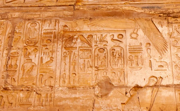 Egypt Luxor Maart 2019 Oude Egyptische Hiërogliefen Tekeningen Inscripties Muren — Stockfoto