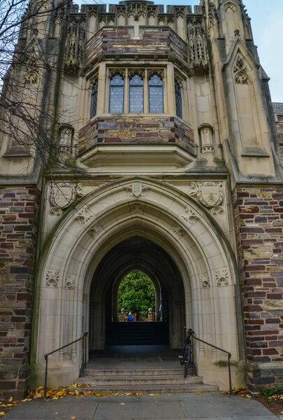 PRINCETON, NJ USA - NOVENBER 12, 2019: Holder Hall, General view of the Holder Hall building, arches and architectural elements. Princeton University, Princeton, New Jersey USA