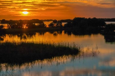 Louisiana 'daki bataklıkta güzel bir günbatımı, sudaki bulutların yansıması, Usa 