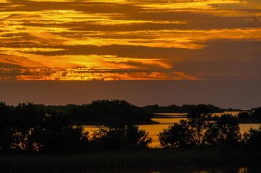 Louisiana 'daki bataklıkta güzel bir günbatımı, sudaki bulutların yansıması, Usa 