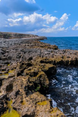 Kırım 'ın doğusunda, Karadeniz' de pek çok küçük su birikintisi olan düz kayalık bir sahil.