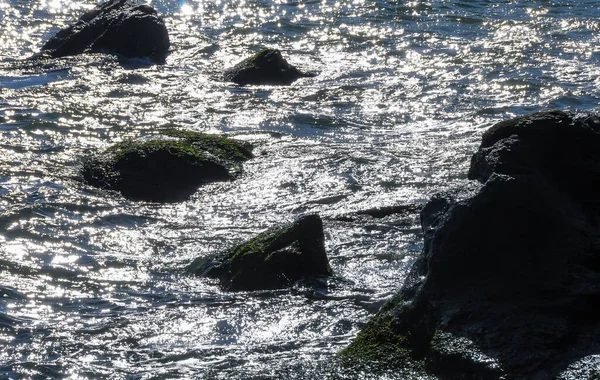 黒海沿岸の海岸岩の間の晴れた日の水の上の明るい反射 — ストック写真