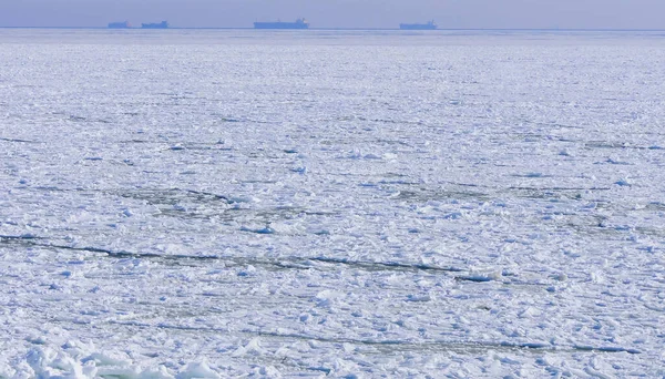 Mar Negro Congelado Pedaços Blocos Gelo Marinho Balançando Água Perto — Fotografia de Stock