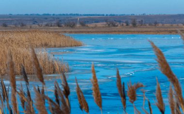 Donmuş su, küçük göller kar desenleri. Tiligul Haliç, Ukrayna