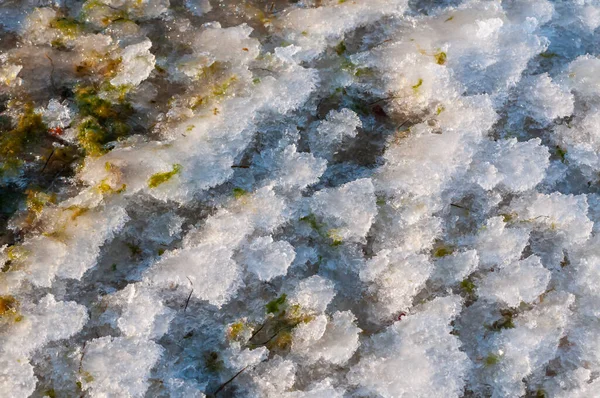 Απαλός Πάγος Και Παγωμένο Χιόνι Μορφή Κρυστάλλων Βελόνας Στην Όχθη — Φωτογραφία Αρχείου