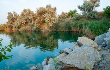 Sel basmış bir granit ocağının berrak sularındaki ağaçların yansıması, Ukrayna