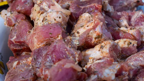 stock image Pork meat prepared for frying on smoking coals in the grill