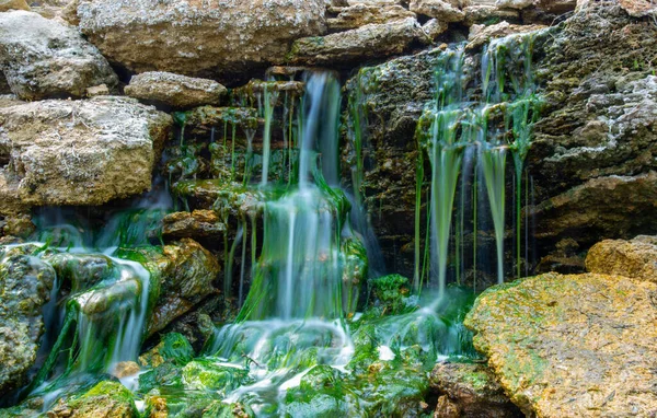 Маленький Водопад Камнях Покрытых Пресноводными Зелеными Водорослями Enteromorpha — стоковое фото