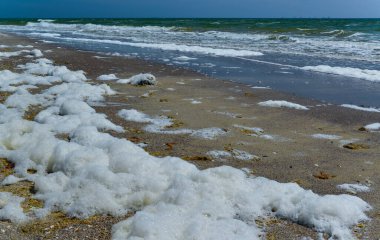 Karadeniz ve Ukrayna 'da şiddetli bir fırtına sırasında kıyıya yakın köpüklü büyük dalgalar