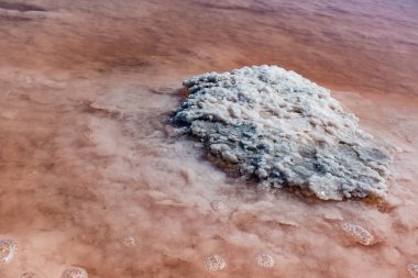 Salt Lake 'de. Kendi kendine yerleşen sodyum klorür tuzu kıyıya yakın kayalarda. Kuruyan bir gölde hipertuzlu su çevresel bir sorundur. Kuyalnik Estuary, Ukrayna