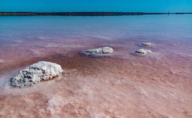 Salt Lake 'de. Kendi kendine yerleşen sodyum klorür tuzu kıyıya yakın kayalarda. Kuruyan bir gölde hipertuzlu su çevresel bir sorundur. Kuyalnik Estuary, Ukrayna