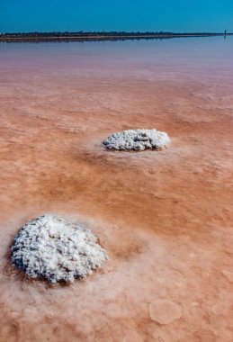 Salt Lake 'de. Kendi kendine yerleşen sodyum klorür tuzu kıyıya yakın kayalarda. Kuruyan bir gölde hipertuzlu su çevresel bir sorundur. Kuyalnik Estuary, Ukrayna