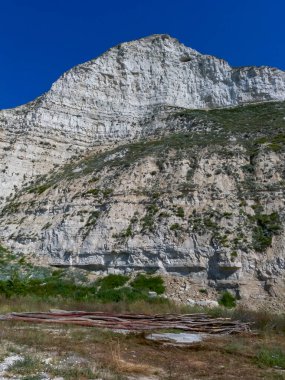 Bulgaristan 'ın Sozopol kenti yakınlarındaki Karadeniz kıyısındaki beyaz kabuklu kayadan oluşan dikey yüksek kaya